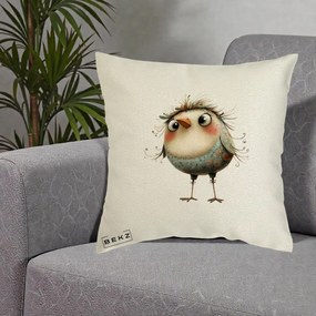 Perna Decorativa Pasare cu Penaj Zbarlit si Gene, 40x40 cm, Ecru, Husa Detasabila, Perna Inclusa, BEKZ®