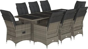 vidaXL Set bistro de grădină cu perne, 9 piese, gri, poliratan