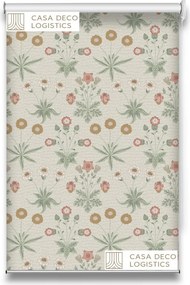 Roletă textilă Floral 8010 albă cu model floral pastel verde și bej