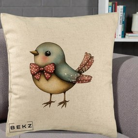 Perna Decorativa Pasare Bleu cu Fundita Rosie, 40x40 cm, Bej, Husa Detasabila, Perna Inclusa, BEKZ®