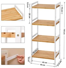 Etajera Multifunctionala cu 4 Rafturi, Bambus, Alb / Natur, Vasagle, BCB74WN