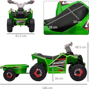 HOMCOM ATV Electric pentru Copii cu Remorcă, Pedală, Mers Înainte și Înapoi, 2,5 km/h, 18-36 Luni, Verde | Aosom Romania