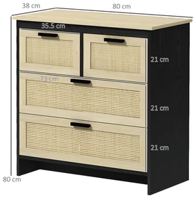HOMCOM Comodă 4 Sertare, Mobilier Sufragerie/Dormitor, PAL și Ratan, 80x38x80cm, Negru/Lemn Natural | Aosom Romania