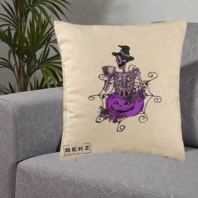 Perna Decorativa Schelet Vrajitor cu Dovleac Violet Halloween, 40x40 cm, Bej, Husa Detasabila, Perna Inclusa, BEKZ®
