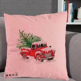 Perna Decorativa Camioneta Rosie Brad de Craciun, 40x40 cm, Roz, Husa Detasabila, Perna Inclusa, BEKZ®