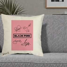 Perna Personalizata K-pop BLACKPINK Semnaturi Roz, 40x40 cm, Ecru, Husa Detasabila, Perna Inclusa, BEKZ®