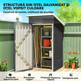 Outsunny Magazie de Grădină 0,74m² din Oțel Galvanizat cu Guri de Aerisire, Magazie cu Ușă Blocabilă, Acoperiș Înclinat, Mănuși, Depozitare Unelte, 107,5x91x185 cm, Gri Închis | Aosom Romania