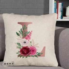 Cadou Personalizat - Perna Personalizata Monograma Rose Gold Litera L, 40x40 cm, Bej Canapea, Husa Detasabila, Perna Inclusa, BEKZ®