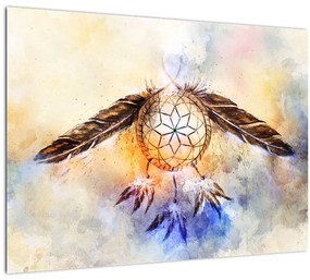 Tablou pe sticlă - Captator de vise cu pene (70x50 cm)