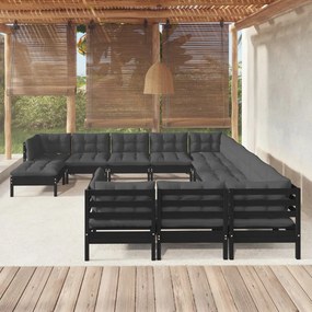 Set mobilier gradina cu perne, 12 piese, negru, lemn de pin Negru, 12