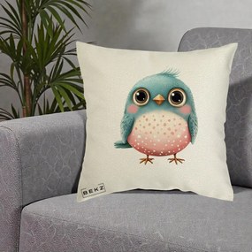 Perna Decorativa Pasare Teal-Roz cu Pete, 40x40 cm, Ecru, Husa Detasabila, Perna Inclusa, BEKZ®