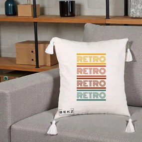 Perna Decorativa RETRO Text Multicolor, 40x40 cm, Bej cu Franjuri, Husa Detasabila, Perna Inclusa, BEKZ®