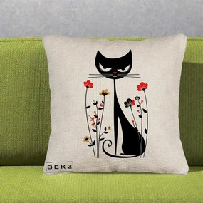 Perna Decorativa Pisica Neagra Grafica Flori Rosii, 40x40 cm, Bej Canapea, Husa Detasabila, Perna Inclusa, BEKZ®