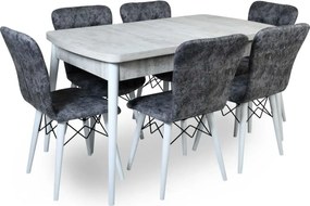 Set masa extensibila cu 6 scaune tapitate Homs cristal  bej-gri-picior-alb-170 x 80 cm