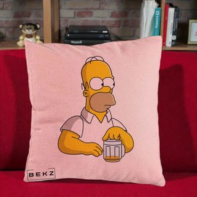 Perna Personalizata Homer Simpson cu Bere, 40x40 cm, Roz, Husa Detasabila, Perna Inclusa, BEKZ®