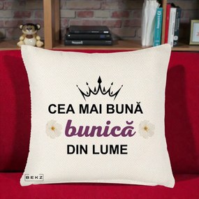 Cadou pentru Bunica - Perna Personalizata Cea Mai Buna Bunica Din Lume Coroana Mov Flori, 40x40 cm, Crem Reliefat, Husa Detasabila, Perna Inclusa, BEKZ®