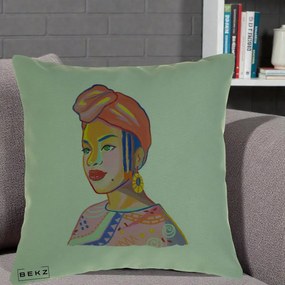 Perna Decorativa Portret Femeie Africana, 40x40 cm, Verde, Husa Detasabila, Perna Inclusa, BEKZ®