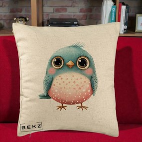 Perna Decorativa Pasare Teal-Roz cu Pete, 40x40 cm, Bej, Husa Detasabila, Perna Inclusa, BEKZ®