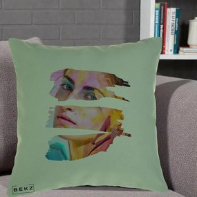 Perna Decorativa Portret Femeie Fragmentat Colorat, 40x40 cm, Verde, Husa Detasabila, Perna Inclusa, BEKZ®