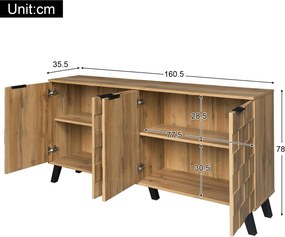 Bufet modern cu 4 uși, model geometric al texturii lemnului, spațiu generos de depozitare, 160,5x35,5x78 cm, Culoare naturală