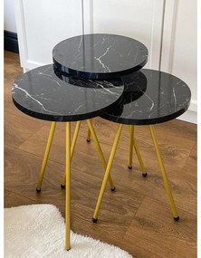 Set 3 măsuțe laterale Mariz Pakoworld imitație marmură, negru/ auriu
