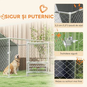 PawHut Țarc pentru Câini de Exterior cu Acoperiș Anti-UV Impermeabil și Boluri Rotative, 400x230x150 cm, Argintiu | Aosom Romania