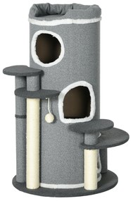 PawHut Post de zgâriat cu stâlpi de zgâriat, 2 ascunzișuri pentru pisici, 4 locuri de odihnă, 4 posturi de zgâriat, 57 cm x 57 cm x 99 cm, Gri + Alb | Aosom Romania