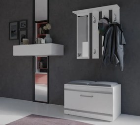 CUI501 - Cuier 85 cm, 6 agatatori haine, hol, lada pantofi, pantofar cu oglinda - Alb / Culoarea Stejar / Sonoma