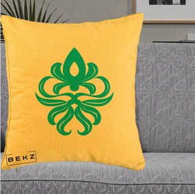 Perna Decorativa Ornament Turcoaz Fleur de Lis, 40x40 cm, Galben, Husa Detasabila, Perna Inclusa, BEKZ®