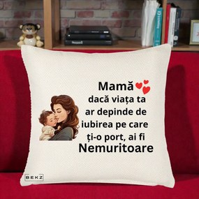 Cadou pentru Mama - Perna Personalizata Mama Nemuritoare cu Bebelus Lineart, 40x40 cm, Crem Reliefat, Husa Detasabila, Perna Inclusa, BEKZ®