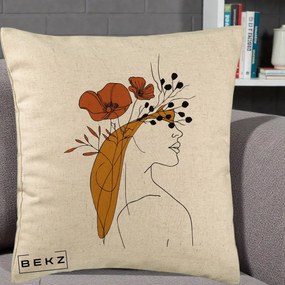 Perna Decorativa Portret Feminin Maci Rosii Auriu, 40x40 cm, Bej, Husa Detasabila, Perna Inclusa, BEKZ®