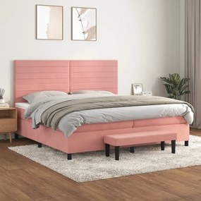 3137928 vidaXL Pat box spring cu saltea, roz, 200x200 cm, catifea