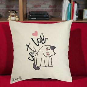 Perna Personalizata Cat Lover Pisica Ilustratie Linie, 40x40 cm, Ecru, Husa Detasabila, Perna Inclusa, BEKZ®
