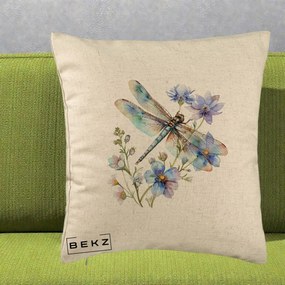 Perna Decorativa Libelula Acuarela Flori Albastre, 40x40 cm, Bej, Husa Detasabila, Perna Inclusa, BEKZ®