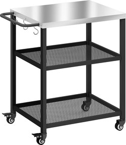 Outsunny Cărucior pentru grătar cu 3 niveluri mobil cu roți și frână Blat din oțel inoxidabil Raft reglabil Cârlige Negru | Aosom Romania