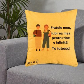 Cadou pentru Frate - Perna Personalizata Fratele Meu Te Iubesc Elevi Ilustratie Colorata, 40x40 cm, Galben, Husa Detasabila, Perna Inclusa, BEKZ®