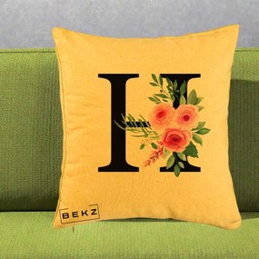 Cadou Personalizat - Perna Personalizata Monograma Florala Litera H cu Trandafiri Roz, 40x40 cm, Galben, Husa Detasabila, Perna Inclusa, BEKZ®