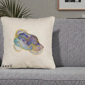 Perna Decorativa Abstract Acuarela Albastru-Mov cu Cercuri Aurii, 40x40 cm, Bej Canapea, Husa Detasabila, Perna Inclusa, BEKZ®