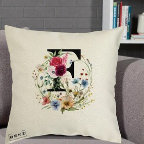 Cadou Personalizat - Perna Personalizata Monogram Litera F cu Flori Acuarela, 40x40 cm, Ecru, Husa Detasabila, Perna Inclusa, BEKZ®