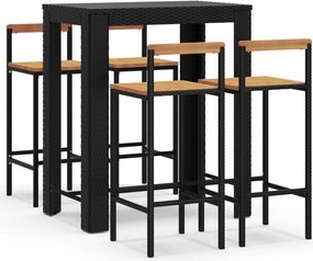 vidaXL Set bar pentru grădină, 5 piese, negru, poliratan/lemn acacia
