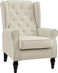 HOMCOM Scaun Decorativ Capitonat cu Spatar Inalt, Cotiere Rotunjite Captusite și Sezut cu Captuseala Groasa, Alb Crem | Aosom Romania