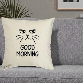 Perna Decorativa Pisica Morocanoasa Good Morning, 40x40 cm, Ecru, Husa Detasabila, Perna Inclusa, BEKZ®