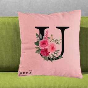 Cadou Personalizat - Perna Personalizata Monograma Florala Litera U, 40x40 cm, Roz, Husa Detasabila, Perna Inclusa, BEKZ®