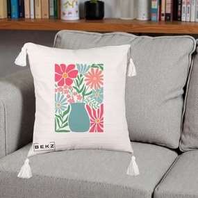 Perna Decorativa Flori in Vaza Turcoaz, 40x40 cm, Bej cu Franjuri, Husa Detasabila, Perna Inclusa, BEKZ®