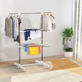 Suport de rufe HOMCOM, extensibil, cu 3 niveluri, cu brațe pliabile, roti, uscător de rufe pentru interior și exterior, Alb, 83-136,5 x 45,5 x 154 cm | Aosom Romania
