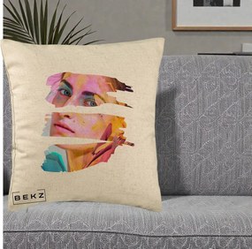 Perna Decorativa Portret Femeie Fragmentat Colorat, 40x40 cm, Bej, Husa Detasabila, Perna Inclusa, BEKZ®