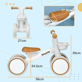 AIYAPLAY Bicicletă de echilibru pentru copii 4 roți șa reglabilă, ghidon ergonomic aliaj aluminiu, PP, copii 1-3 ani - Maro Alb | Aosom Romania