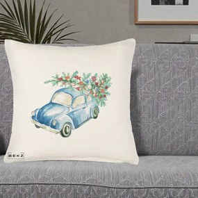Perna Decorativa Masinuta Albastra cu Brad de Craciun, 40x40 cm, Crem Reliefat, Husa Detasabila, Perna Inclusa, BEKZ®