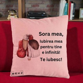 Cadou pentru Sora - Perna Personalizata Sora Mea Te Iubesc Doua Fete Iarna Acuarela, 40x40 cm, Roz, Husa Detasabila, Perna Inclusa, BEKZ®
