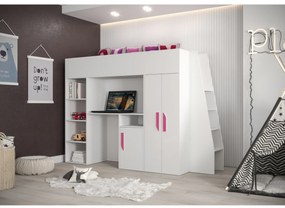 Pat pentru copii combinat 90 cm Puro 15 (alb mat + alb lucios + mânere roz). 1087100